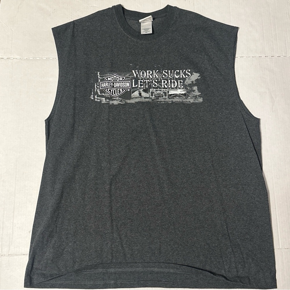 VTG Harley Davidson Cycles Mens Sleeveless T Shirt Work Sucks Let’s Ride 2XL
